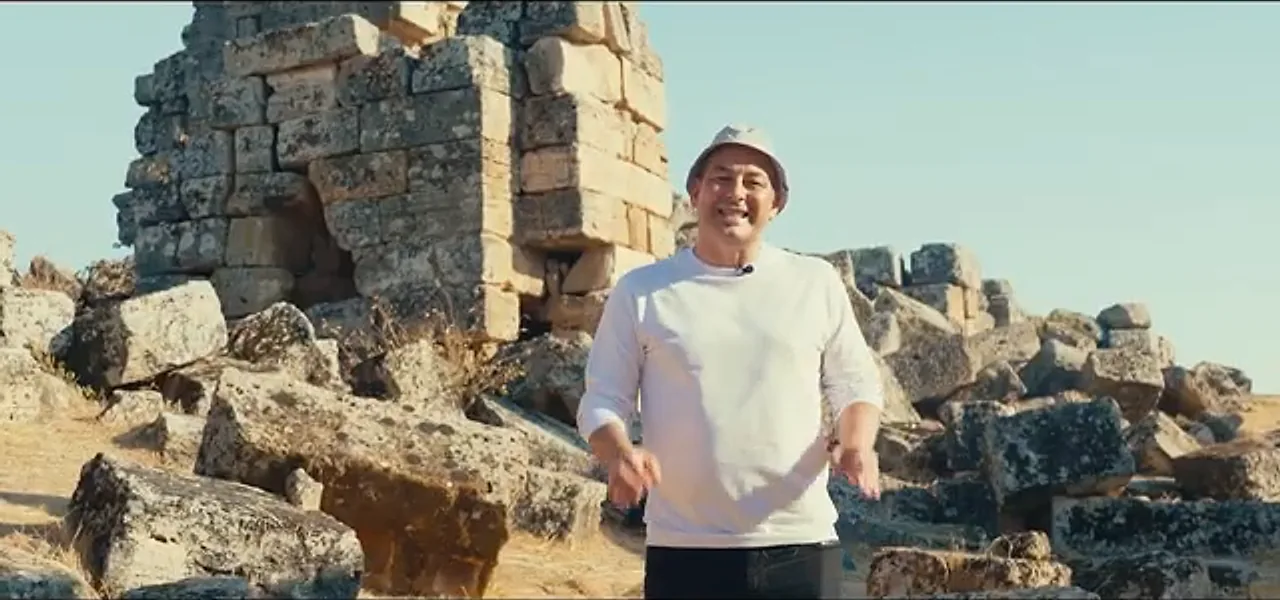 Sorin among the ancient ruins of Hierapolis above Pamukkale, Turkey