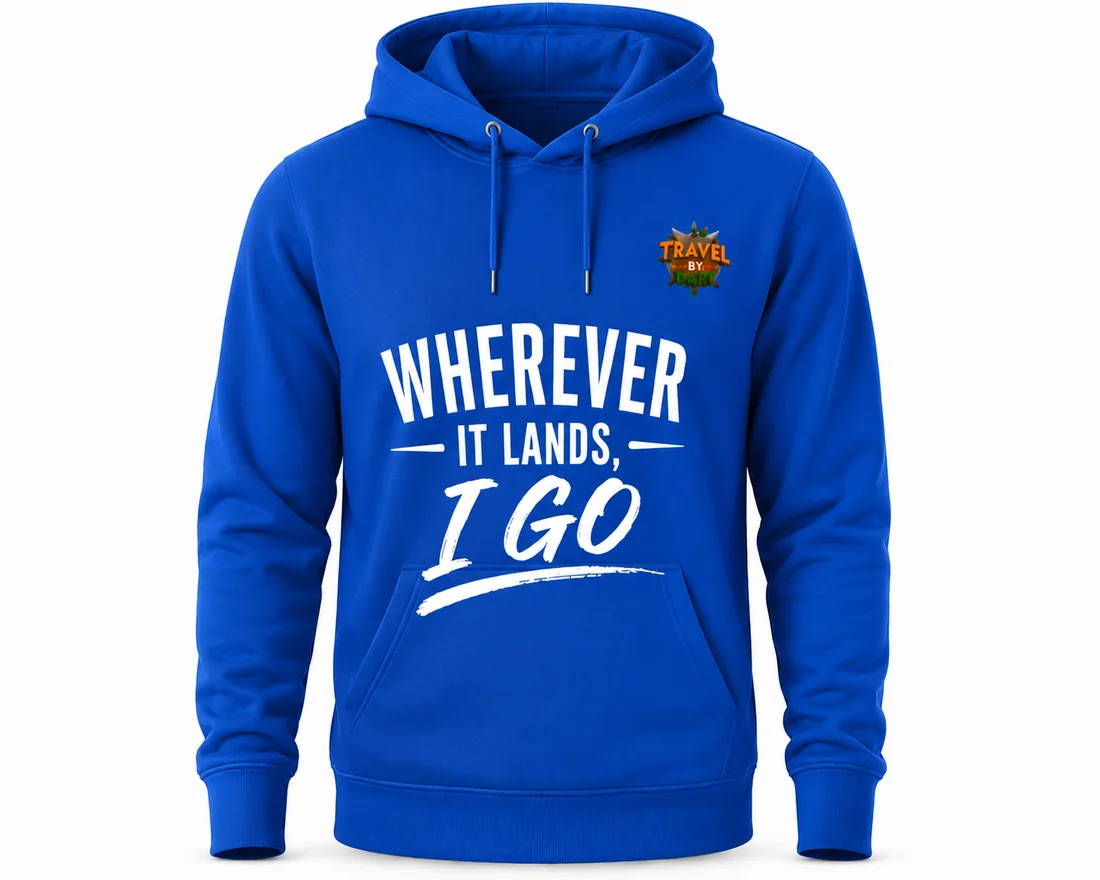 Blue Hoodie — “Wherever it Lands, I Go” — Travel by Dart