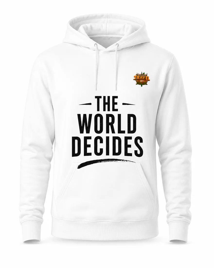 White Hoodie — “The World Decides” — Travel by Dart
